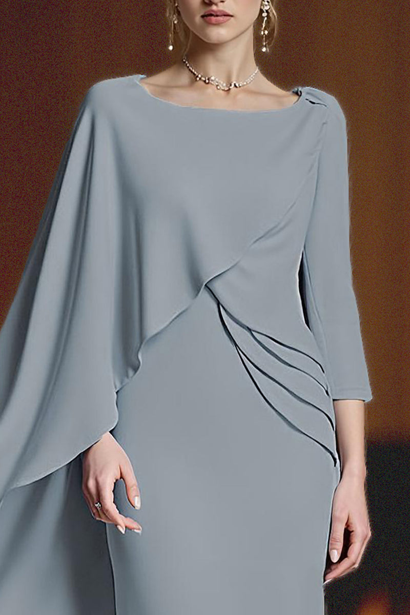 Load image into Gallery viewer, Dusty Blue Mermaid Ruched Long Mother of the Bride Dress with Cape