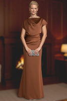 Load image into Gallery viewer, Plum Ruched Mermaid Satin Floor-Length Mother of the Bride Dress with Sleeves