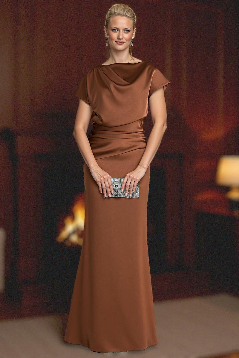 Load image into Gallery viewer, Plum Ruched Mermaid Satin Floor-Length Mother of the Bride Dress with Sleeves