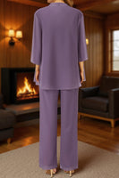 Load image into Gallery viewer, 3 Piece Purple Lace Long Mother of the Bride Pant Suits with Jacket