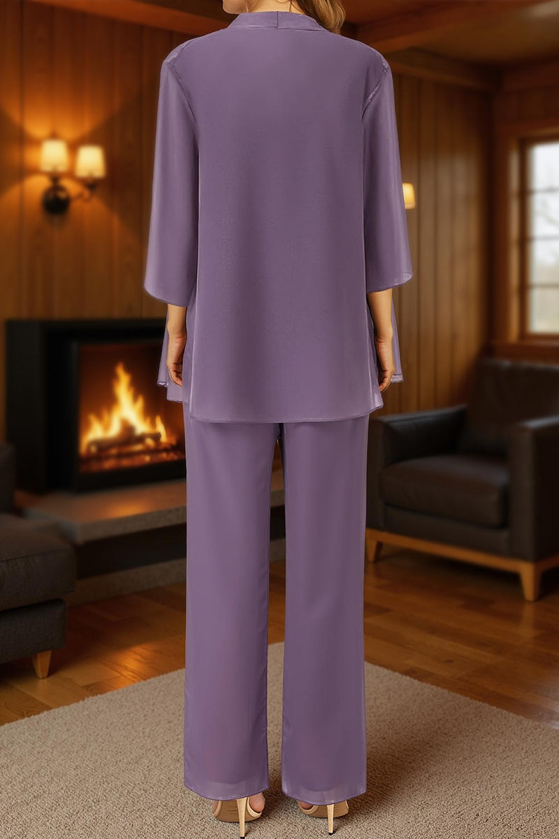 Load image into Gallery viewer, 3 Piece Purple Lace Long Mother of the Bride Pant Suits with Jacket