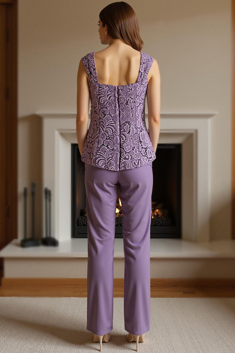 Load image into Gallery viewer, 3 Piece Purple Lace Long Mother of the Bride Pant Suits with Jacket
