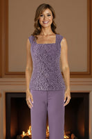 Load image into Gallery viewer, 3 Piece Purple Lace Long Mother of the Bride Pant Suits with Jacket