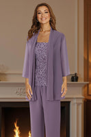Load image into Gallery viewer, 3 Piece Purple Lace Long Mother of the Bride Pant Suits with Jacket