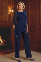 Load image into Gallery viewer, 2 Piece Navy Round Neck Tiered Ruffled Long Mother of the Bride Pant Suits