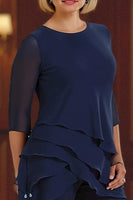 Load image into Gallery viewer, 2 Piece Navy Round Neck Tiered Ruffled Long Mother of the Bride Pant Suits