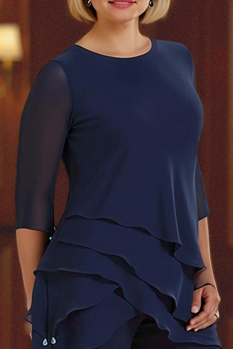 Load image into Gallery viewer, 2 Piece Navy Round Neck Tiered Ruffled Long Mother of the Bride Pant Suits