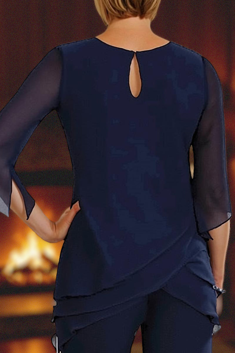 Load image into Gallery viewer, 2 Piece Navy Round Neck Tiered Ruffled Long Mother of the Bride Pant Suits