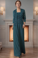 Load image into Gallery viewer, 3 Piece Purple Square Neck Long Mother of the Bride Pant Suits with Jacket