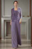 Load image into Gallery viewer, 3 Piece Purple Square Neck Long Mother of the Bride Pant Suits with Jacket