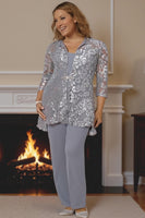 Load image into Gallery viewer, Sparkly 3 Piece Silver Long Mother of the Bride Pant Suits with Lace