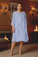 Load image into Gallery viewer, 2 Piece Light Blue Tea Length A Line Lace Mother of the Bride Dress