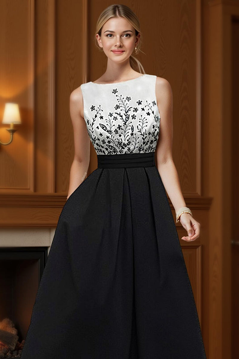 Load image into Gallery viewer, Black and White Floral A Line Backless Long Mother of the Bride Dress