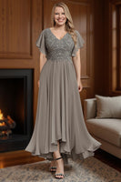 Load image into Gallery viewer, Dusty Blue A Line V Neck Ankle Length Ruffled Mother of the Bride Dress with Sleeves