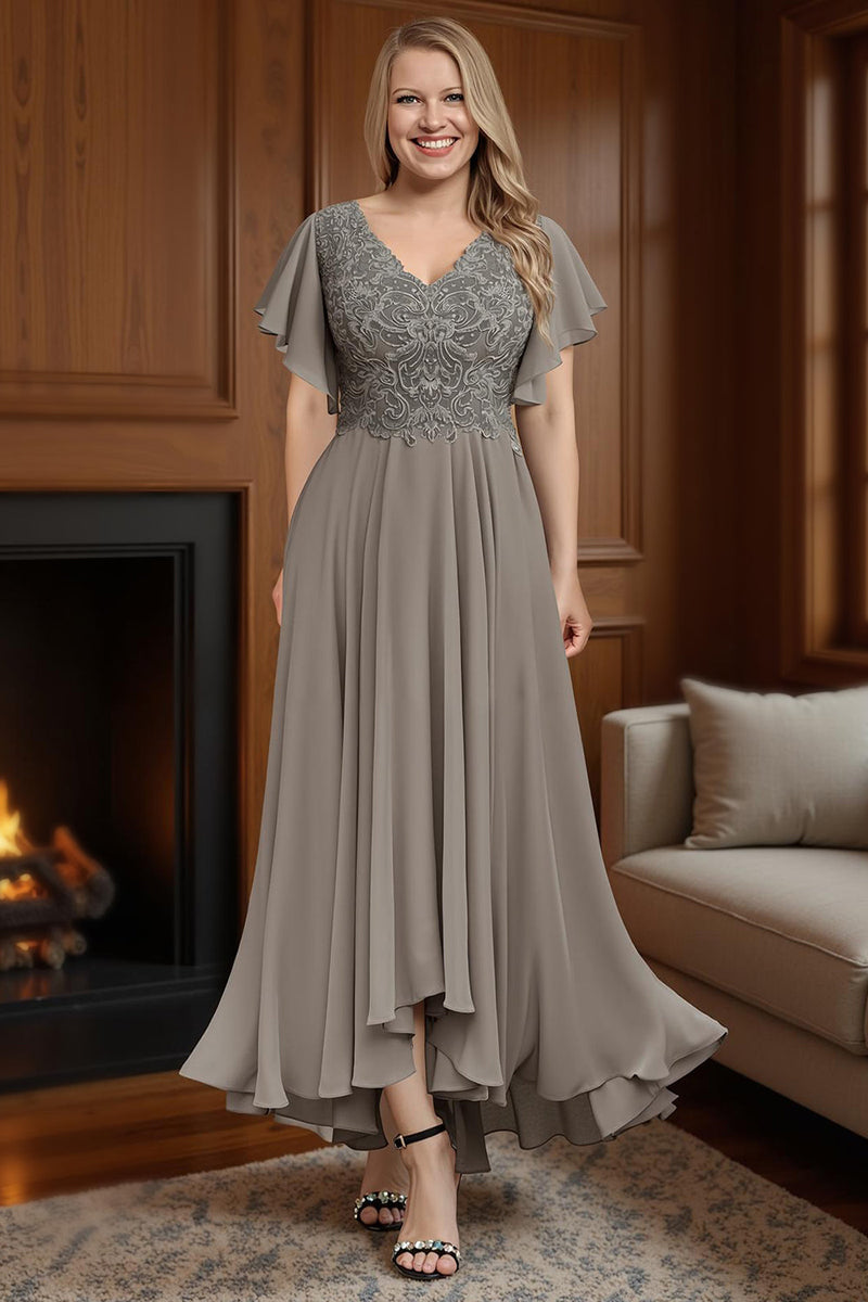 Load image into Gallery viewer, Dusty Blue A Line V Neck Ankle Length Ruffled Mother of the Bride Dress with Sleeves