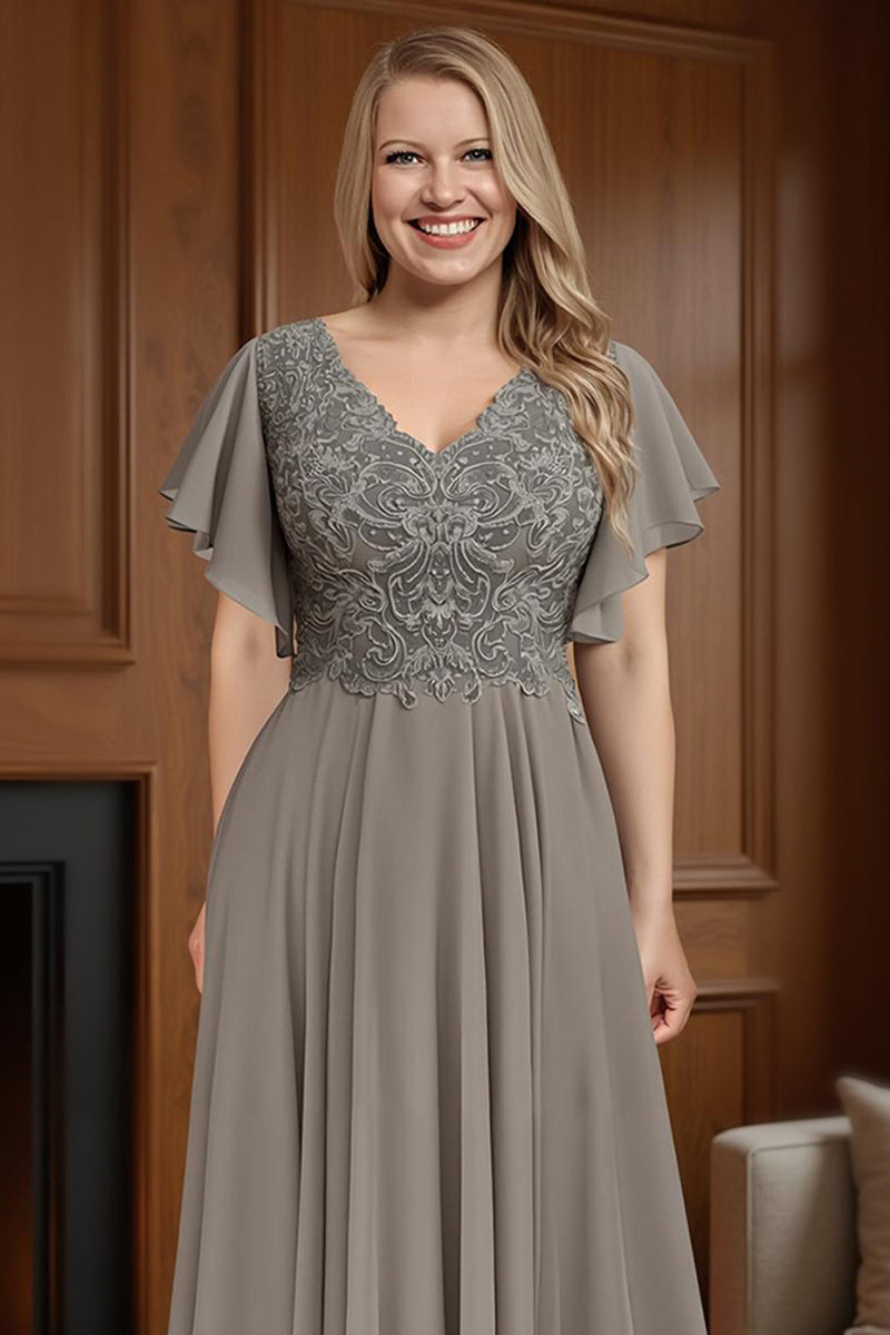 Load image into Gallery viewer, Dusty Blue A Line V Neck Ankle Length Ruffled Mother of the Bride Dress with Sleeves