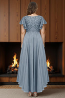 Load image into Gallery viewer, Dusty Blue A Line V Neck Ankle Length Ruffled Mother of the Bride Dress with Sleeves