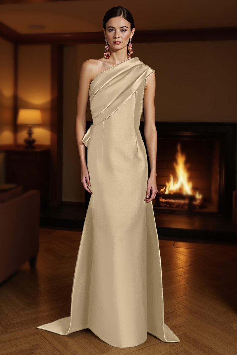 Load image into Gallery viewer, Champagne Sheath One Shoulder Ruched Long Mother of the Bride Dress