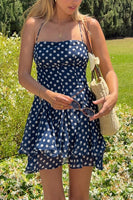 Load image into Gallery viewer, Navy Polka Dots Tiered A Line Mini Birthday Dress with Ruffles