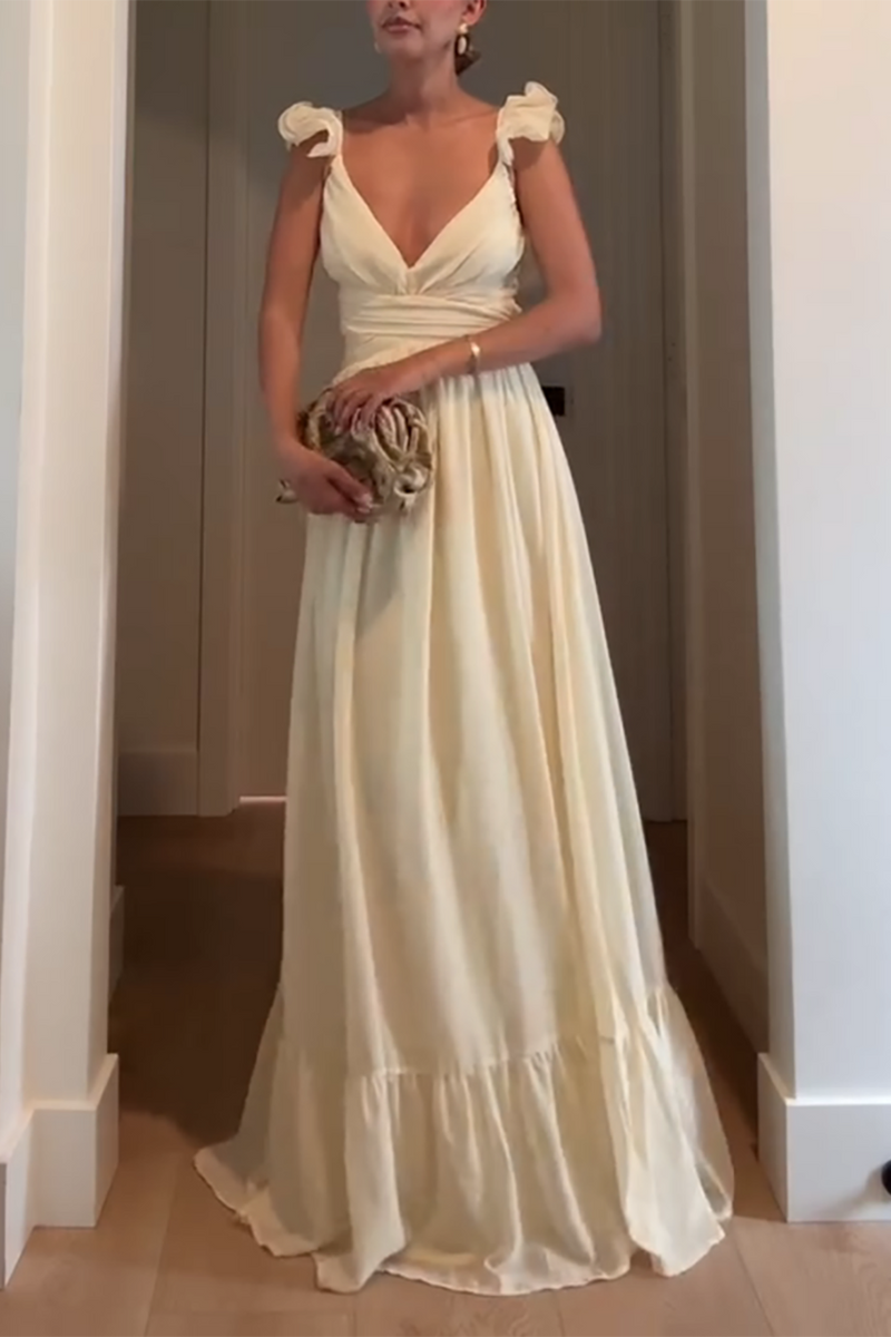 Load image into Gallery viewer, Yellow V-Neck Ruffled Sheath Maxi Dress