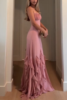 Blush Chiffon Spaghetti Straps Sheath Maxi Formal Dress with Ruffles