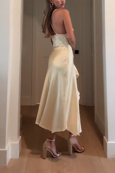 Yellow Satin Cowl Neck Ruffled Sheath Maxi Formal Dress