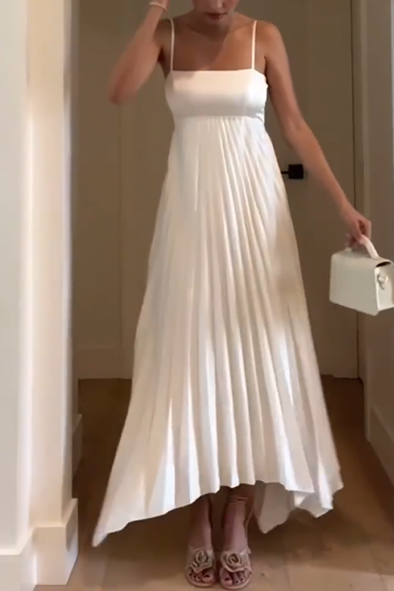 Load image into Gallery viewer, Simple White Spaghetti Straps A-Line Pleated Maxi Formal Dress