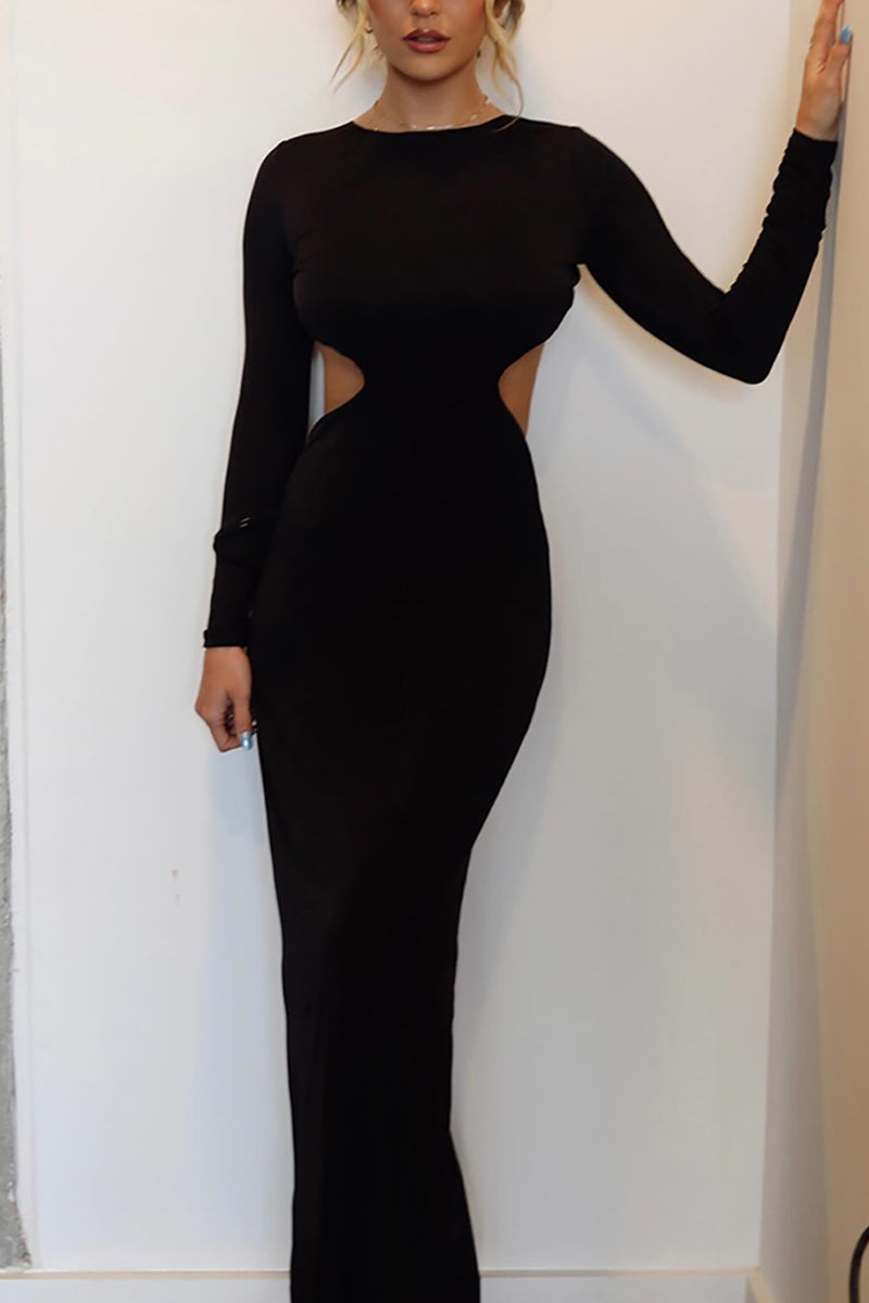 Load image into Gallery viewer, Black Cut Out Sheath Round Neck Maxi Prom Dress with Long Sleeves
