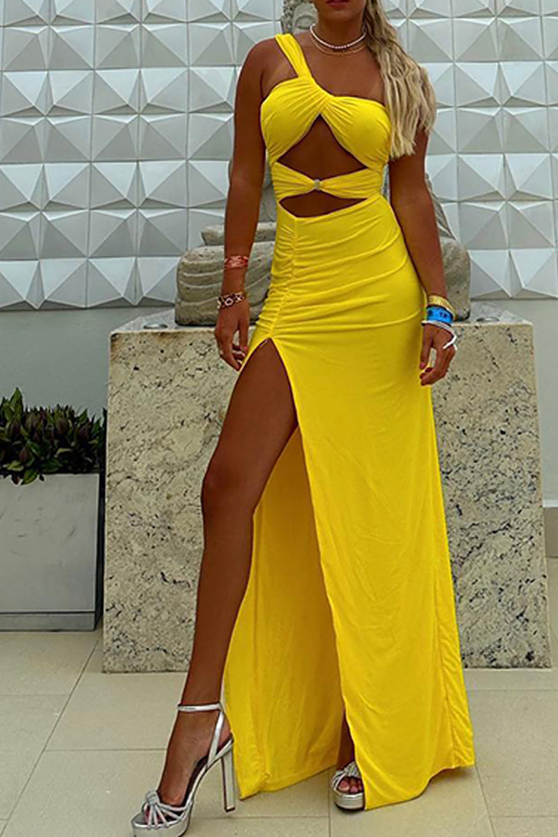 Load image into Gallery viewer, Yellow Cut Out One Shoulder Maxi Prom Dress with Slit