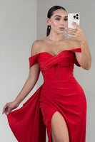 Load image into Gallery viewer, Red Satin Off the Shoulder Long Corset Prom Dress with Side Cape
