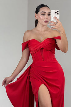 Red Satin Off the Shoulder Long Corset Prom Dress with Side Cape