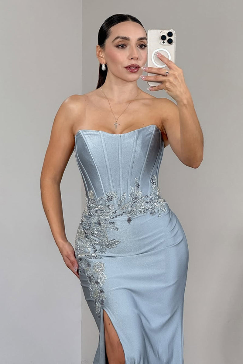 Load image into Gallery viewer, Sparkly Grey Blue Strapless Satin Appliqued Long Corset Prom Dress with Slit