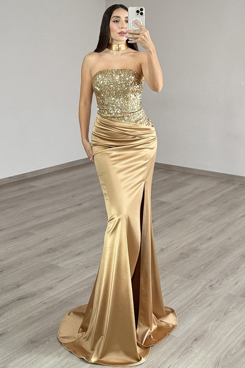 Load image into Gallery viewer, Sparkly Golden Satin Mermaid Strapless Long Prom Dress with Sequin