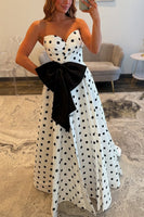 Load image into Gallery viewer, Fuchsia A Line Polka Dots Sweetheart Long Prom Dress with Bow