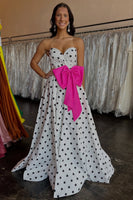 Load image into Gallery viewer, Fuchsia A Line Polka Dots Sweetheart Long Prom Dress with Bow