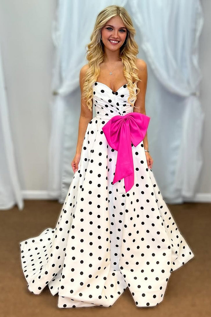 Load image into Gallery viewer, Fuchsia A Line Polka Dots Sweetheart Long Prom Dress with Bow