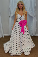 Load image into Gallery viewer, Fuchsia A Line Polka Dots Sweetheart Long Prom Dress with Bow