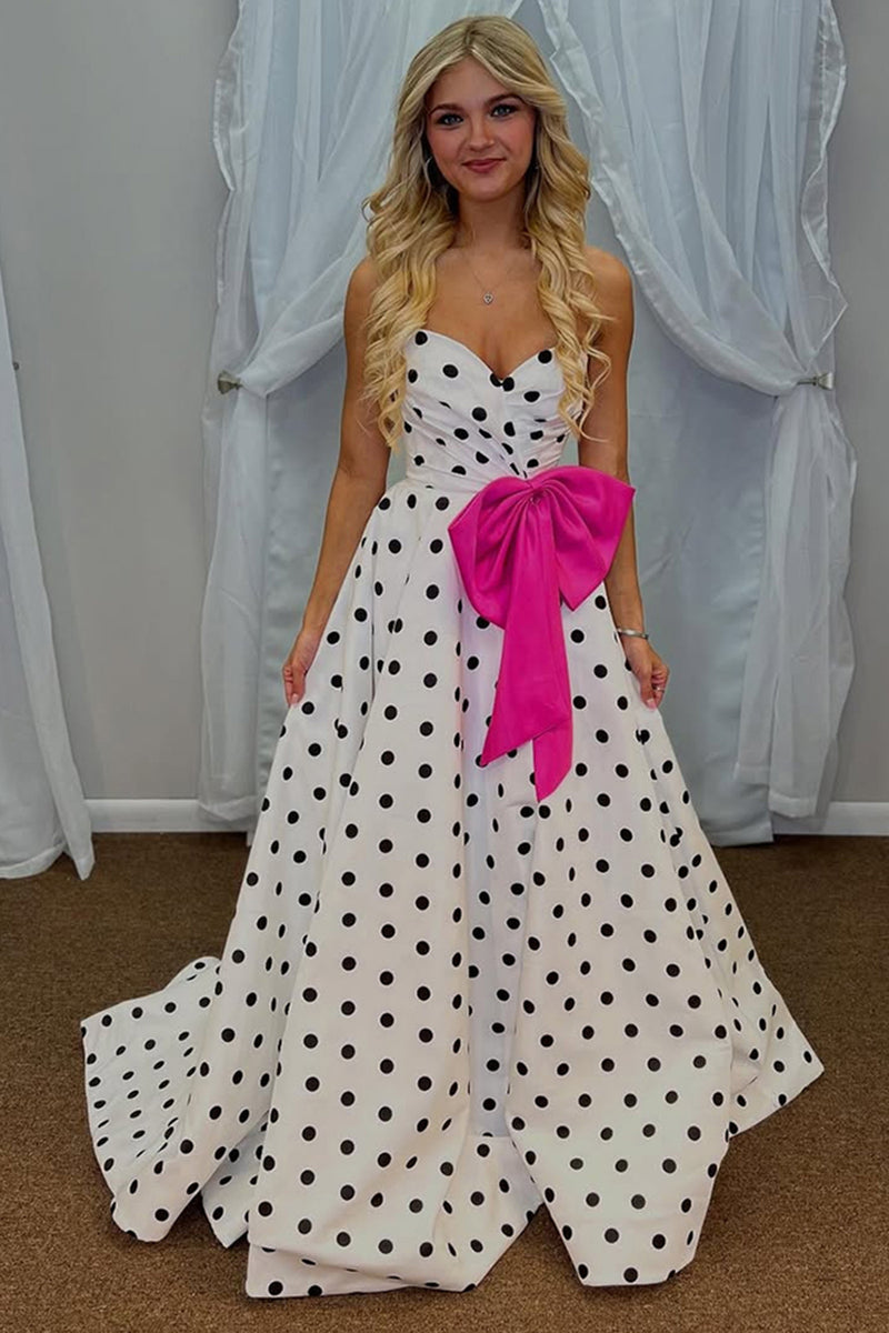 Load image into Gallery viewer, Fuchsia A Line Polka Dots Sweetheart Long Prom Dress with Bow