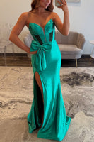 Load image into Gallery viewer, Sparkly Green Strapless Mermaid Satin Long Beaded Corset Prom Dress with Bow