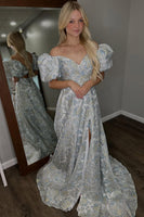 Load image into Gallery viewer, Grey Blue Floral Off the Shoulder A Line Long Prom Dress with Sleeves