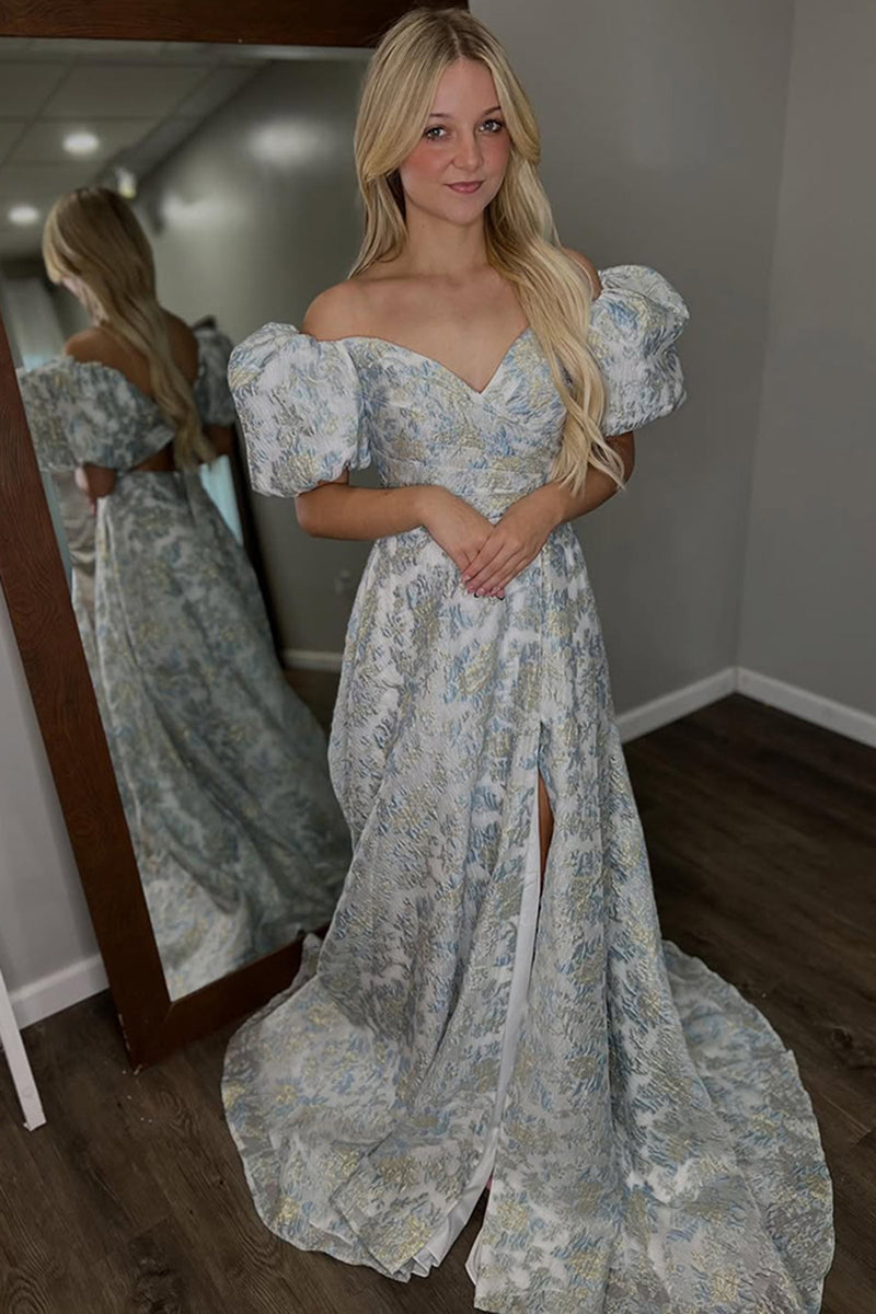 Load image into Gallery viewer, Grey Blue Floral Off the Shoulder A Line Long Prom Dress with Sleeves