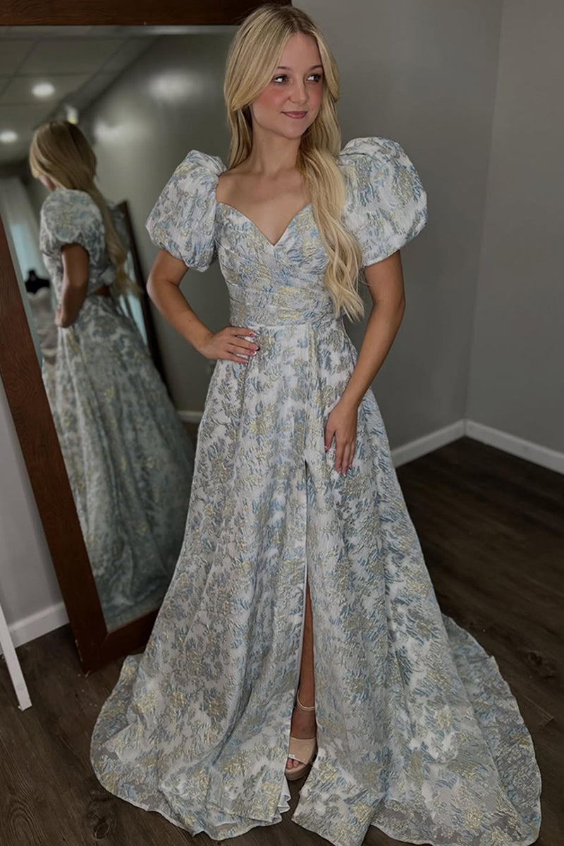 Load image into Gallery viewer, Grey Blue Floral Off the Shoulder A Line Long Prom Dress with Sleeves