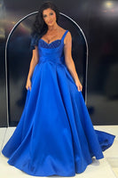 Load image into Gallery viewer, Sparkly Royal Blue A Line Satin Thick Straps Long Prom Dress with Beading