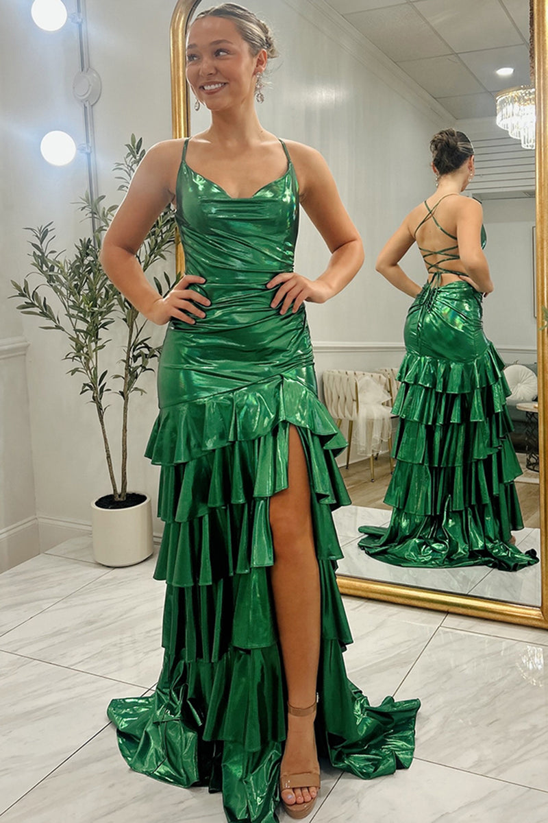 Load image into Gallery viewer, Sparkly Dark Green Ruffled Metallic Tiered Long Prom Dress with Slit