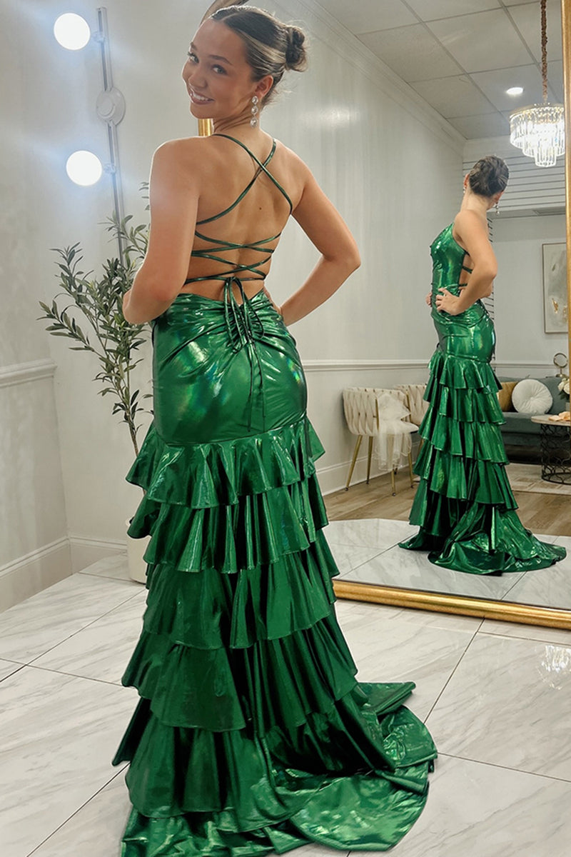 Load image into Gallery viewer, Sparkly Dark Green Ruffled Metallic Tiered Long Prom Dress with Slit