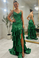 Load image into Gallery viewer, Sparkly Dark Green Ruffled Metallic Tiered Long Prom Dress with Slit