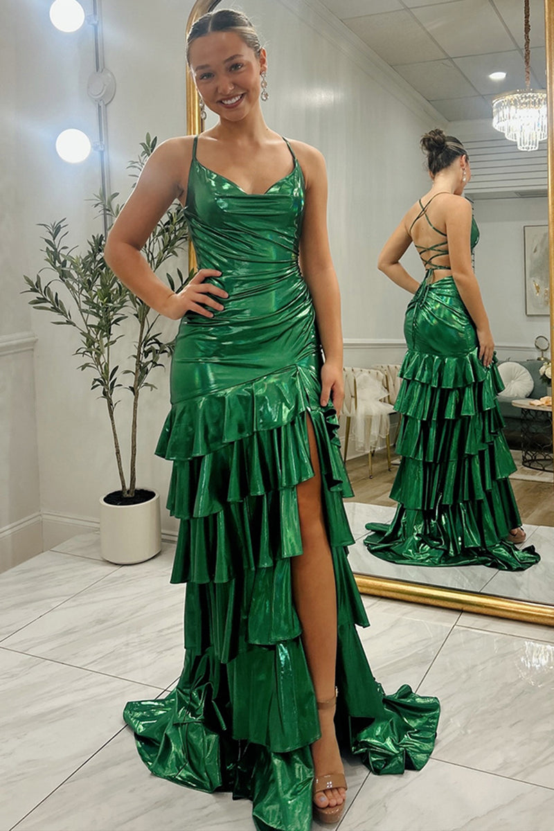 Load image into Gallery viewer, Sparkly Dark Green Ruffled Metallic Tiered Long Prom Dress with Slit