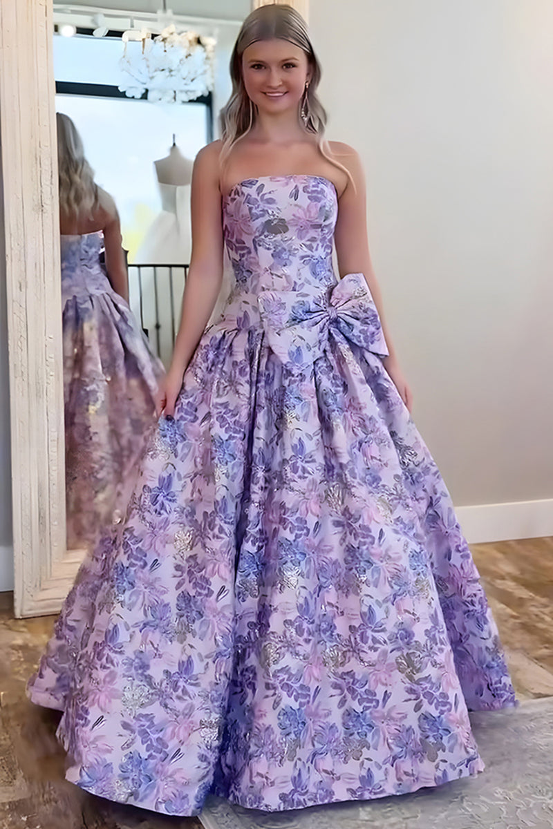 Load image into Gallery viewer, Purple Strapless Floral A Line Long Prom Dress with Bow