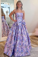 Load image into Gallery viewer, Purple Strapless Floral A Line Long Prom Dress with Bow