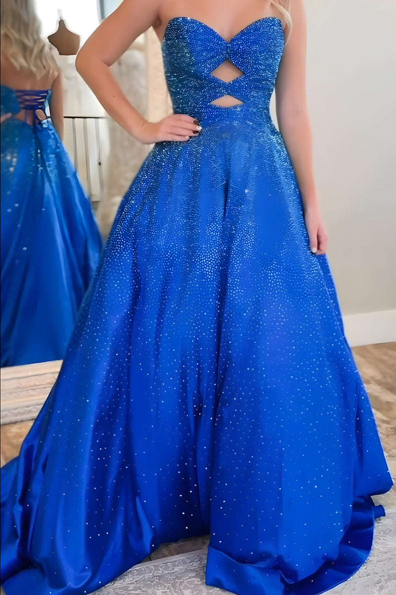 Load image into Gallery viewer, Sparkly Royal Blue Cut Out Sweetheart A Line Long Prom Dress with Beading